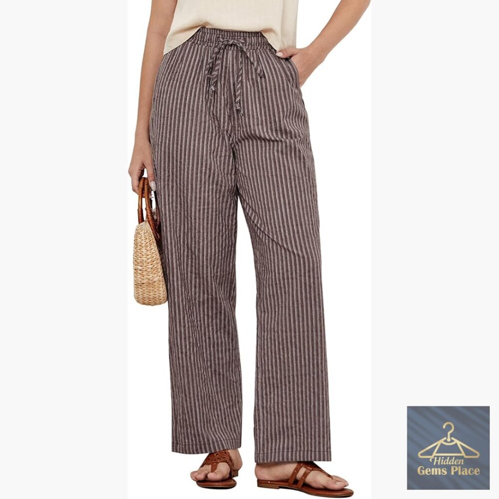 High Waisted Wide Leg Cotton Linen Pants Elastic Waist Casual Flowy